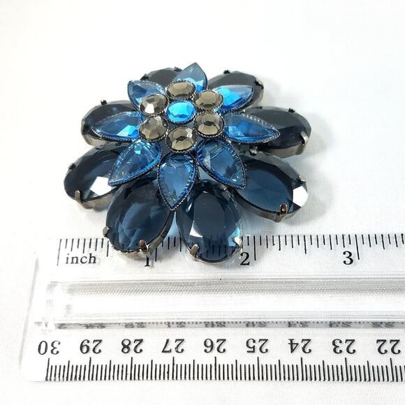 Vintage Blue Lucite Flower Rhinestone Brooch, 2 1/2 Inches - Picture 6 of 6